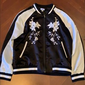 Silk black and white embroidered bomber jacket